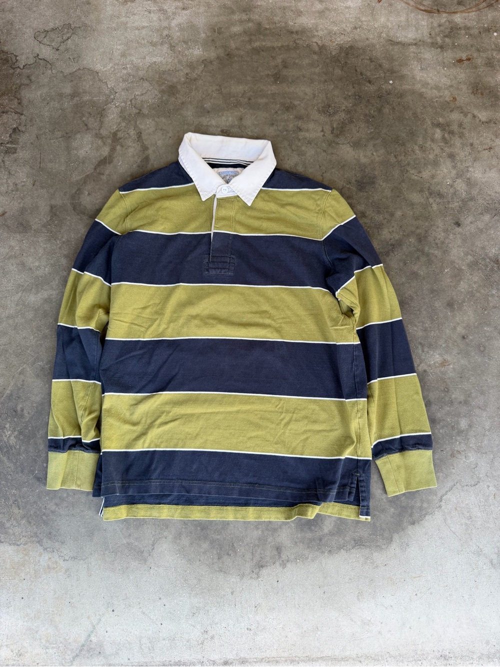 Lands' End Authentic Rugby Shirt Polo Blue/Green Striped Long Sleeve USA Men’s L